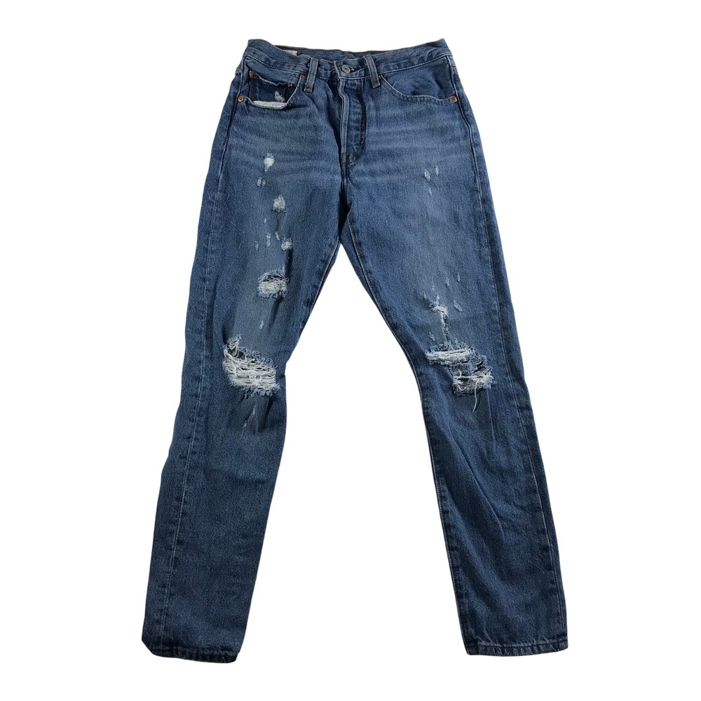 Levis 501 S Skinny Jeans Womens 27 Medium Wash Blue Distressed Ripped High Rise